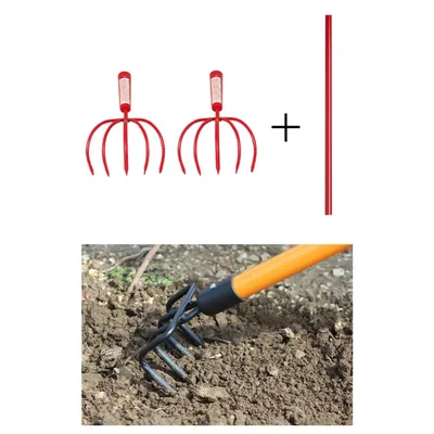 2 Piece 5 Pin Cultivator Hand Tiller With 1 Piece 2 Foot (60.96 cm) Handle, Garden Tool Kit
